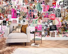 a chair in front of a wall covered with pictures