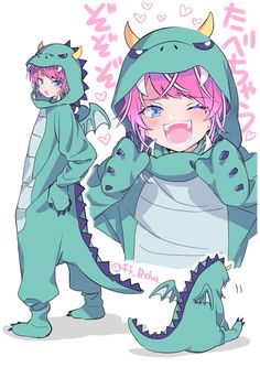 an anime character with pink hair and blue eyes wearing a dragon costume, standing next to a