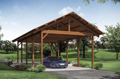 a car is parked under a wooden shelter