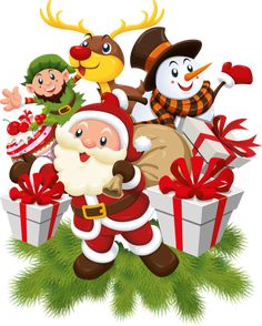 santa claus is surrounded by christmas decorations and presents on the grass, with reindeers