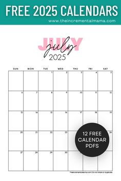 the free printable calendar for july is shown in black and white with pink lettering