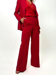 These trousers feature: Wide leg fit Regular length Mid Rise Zip closure with button Pairs Beautifully with Kate&Pippa Sassari Blazer Kate And Pippa, Fur Shawl, Trending Dresses, Palermo, Dresses With Leggings, Trending Now, Deep Red, Perfect Dress, Mother Of The Bride