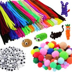 many different colored pom poms and other items