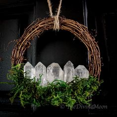 a wreath with ice crystals hanging from it