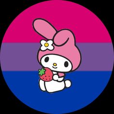 a hello kitty holding a strawberry in front of a pink and blue circle