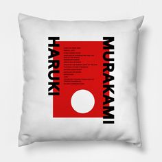 a white pillow with a red and black poster on the front, which reads harokakkaani