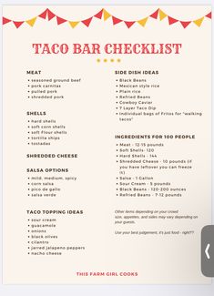 the taco bar checklist is shown in red, yellow and white with bunting