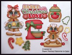 some christmas cookies and decorations on a white table top with the words baked with christmas love