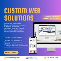 an advertisement for a web development company with the words custom web solutions on it and two devices