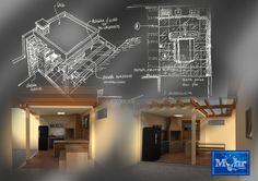 an architectural drawing of a kitchen and living room in a house with blueprints on the walls