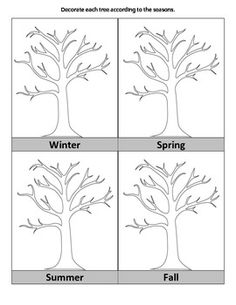 four different seasons trees with the words winter, spring, and fall written below them