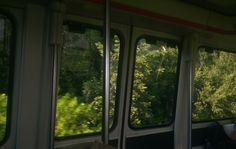 two people sitting on a train looking out the windows at trees outside their window panes