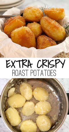 two pictures with potatoes in them and the words extra crispy roast potatoes on top