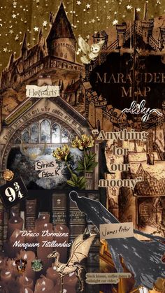 a collage of harry potter's hogwarts map and other related items