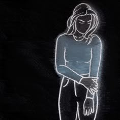 a chalk drawing of a woman with her hands on her hips, standing in front of a black background