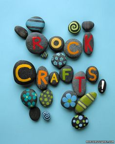 some rocks that have the words rock crafts written on them in different colors and shapes