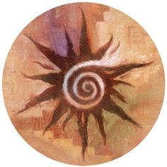 an abstract painting of a spiral in brown and pink tones on a white circle background