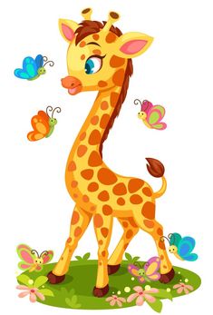 a giraffe standing on top of a lush green field with butterflies flying around