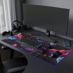 a computer desk with a keyboard, mouse and monitor sitting on it's side