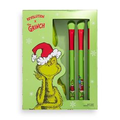 the grinch pencils and markers are in a green box