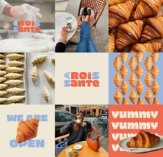 the collage shows different types of pastries, breads and other food items