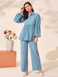 Cadet Blue Elegant Collar Long Sleeve  Plain  Embellished Non-Stretch  Women Co-ords Co Ords Outfits Indian, Co Ords Outfits, Simple Frock Design, Sets Outfit, Simple Frocks, Latest Dress Design, Modest Dresses Casual, Trendy Dress Outfits