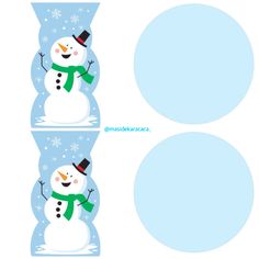 two snowmen with hats, scarfs and scarves are shown in the shape of circles