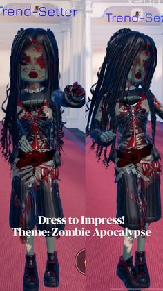 two pictures of a woman with dread locks and red makeup, one is dressed as a zombie