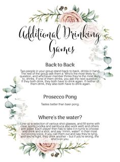 the back to back instructions for drinking games, with flowers and greenery on it