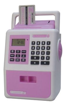 a pink and white calculator sitting on top of a table