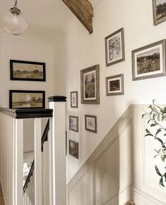 the stairs are lined with pictures and framed photographs