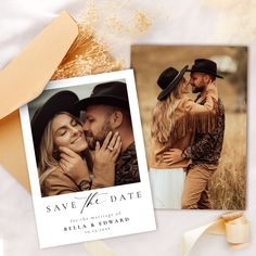 save the date card with an image of two people in cowboy hats and one is kissing