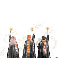 three harry potters are holding wands in their hands and pointing to the stars