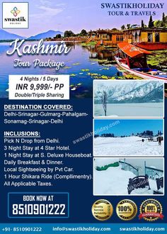 an advertisement for the kashmin tour package in pakistan, with pictures of boats and mountains