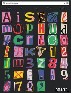 an image of colorful letters and numbers on a black background with the words alphabet in different colors