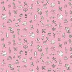 a pink wallpaper with various animals and letters on it's side, including an elephant