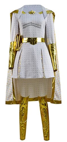 a white and gold costume with metallic pants