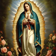 the immaculate mary is surrounded by roses and greenery in front of a dark background