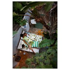 a woman laying on top of a bed in a lush green forest