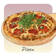 a drawing of a pizza with toppings on it