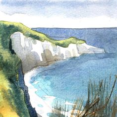 a watercolor painting of a cliff overlooking the ocean with grass growing in front of it