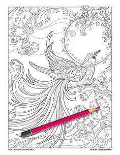 an adult coloring book with a pencil in the foreground and a drawing of a bird