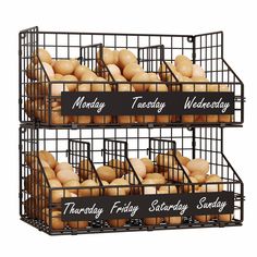 two metal baskets filled with baked goods sitting on top of each other in front of a white background