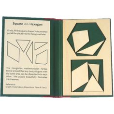 an open book with geometric designs on the cover and inside pages showing shapes that appear to be interlocked