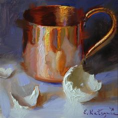 an oil painting of a copper mug and broken eggshells on a blue background