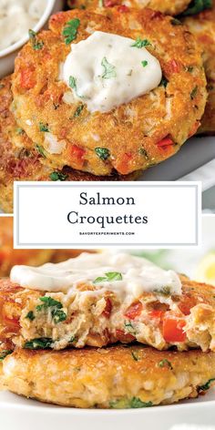 salmon croquettes with sour cream and parsley on top are the perfect appetizer for any occasion