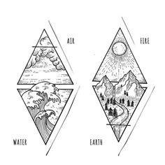 three different mountains and trees with the words water, air, and fire written in black ink