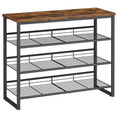 a metal and wood shelf with three shelves