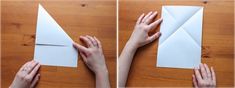 two photos showing how to fold an origami paper airplane with hands on it