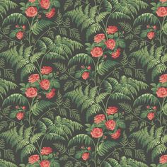 a wallpaper with red flowers and green leaves